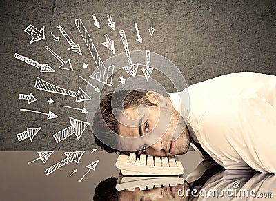 Arrows pointing at sad office worker Stock Photo