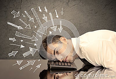 Arrows pointing at sad office worker Stock Photo