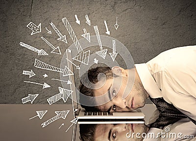 Arrows pointing at sad office worker Stock Photo