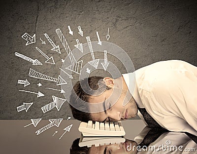 Arrows pointing at sad office worker Stock Photo