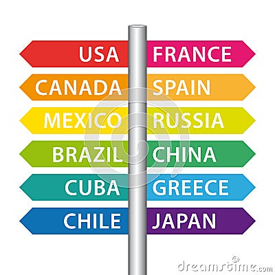 Arrows on road sign indicating multiple countries. Colorful illustration. Vector Illustration