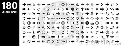 Arrows set of 180 black icons. Arrow icon. Arrow vector collection. Arrow. Cursor. Modern simple arrows. Vector Vector Illustration