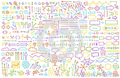 Arrows set. Hand draw multicolored background pattern. Communications presentation collection. Sketch vector line Vector Illustration