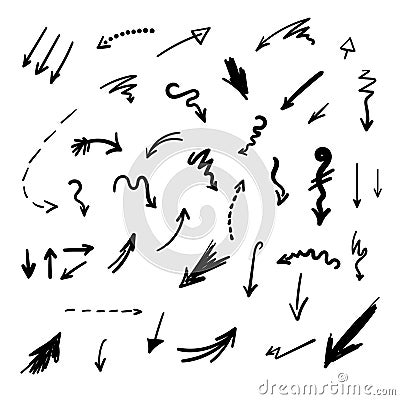 Arrows set. Hand drawn doodle elements. Direction indicators, pointers, simple icons elements. Freehand sketch style. Isolated. Vector Illustration