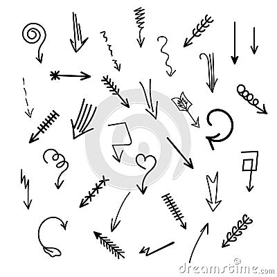 Arrows set. Hand drawn doodle elements. Direction indicators, pointers, simple icons elements. Freehand sketch style. Isolated. Vector Illustration