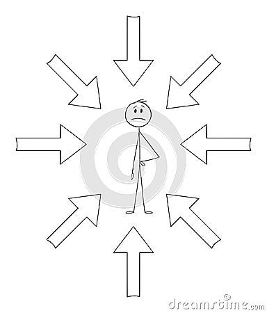 Arrows Targeting or Pointing at Unhappy Person, Vector Cartoon Stick Figure Illustration Vector Illustration