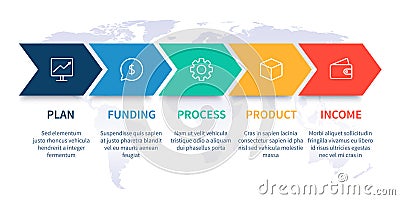 Arrows workflow steps. Global business process graph, step to success diagram and arrow timeline vector infographic Vector Illustration