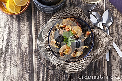 Arroz de marisco portugese paella seafood rustic rice summer dish Stock Photo