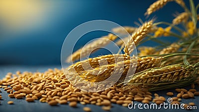 ars of wheat on a blue background. Harvest concept. Ukrainian grain crisis Stock Photo