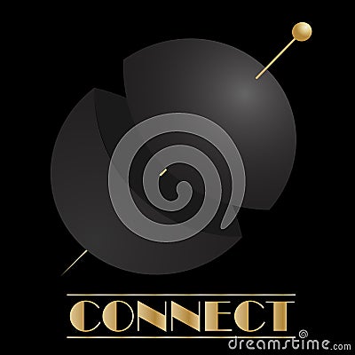 Art abstract 3d logo in the form of a black cut sphere connected by a gold pin Vector Illustration