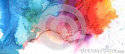 Art Abstract paint blots background. Alcohol ink blue colors. Marble texture. Horizontal long banner Stock Photo