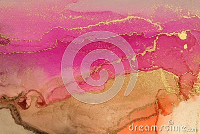 Art Abstract painting blots horizontal background. Alcohol ink pink and gold colors. Marble texture Stock Photo