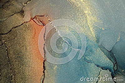 Art Abstract smoke blue, beige and gold glitter watercolor interior background. Marble texture. Alcohol ink Stock Photo