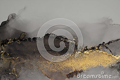 Art Abstract watercolor flow blot painting. Black and gold grain Color marble texture background. Alcohol ink Stock Photo