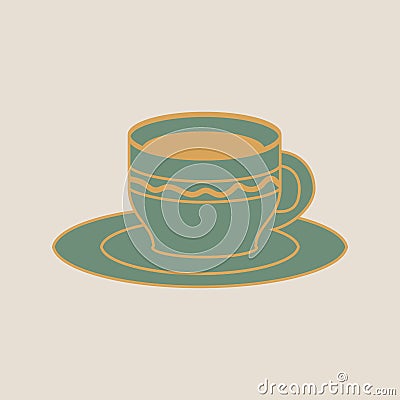 Vintage retro flat Scandinavian tea cup with plate and steam Vector Illustration