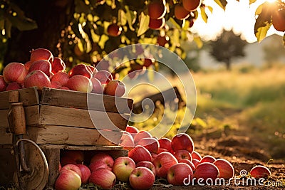 The art of apple harvesting, with baskets overflowing with apples in a beautiful autumn day. AI Generated Stock Photo