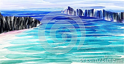 Hand drawn children watercolor seascape. Art background with rough brush strokes, azure paint color, paper texture and good vibe Stock Photo
