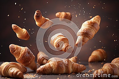 The Art Of Baking Captured. Croissants Floating On A Dynamic Background. Generative AI Stock Photo