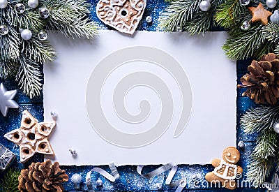 Art Christmas background with gingerbread cookies and festive decora Stock Photo