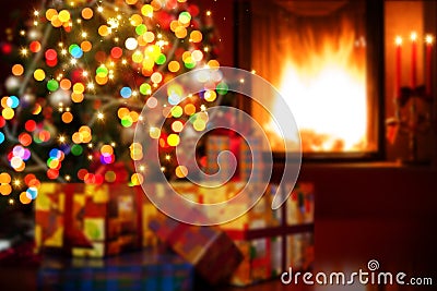Art Christmas scene with tree gifts and fireplace Stock Photo