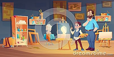 Art class scene with child studying painting. Vector Illustration