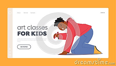 Art Classes for Kids Landing Page Template. African Boy with Pencil Stand on Knees Painting Pictures on Paper or Asphalt Vector Illustration