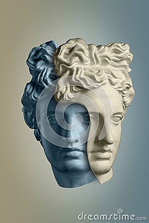 Art collage with antique sculpture of Apollo face and numbers, geometric shapes. Beauty, fashion and health theme Stock Photo