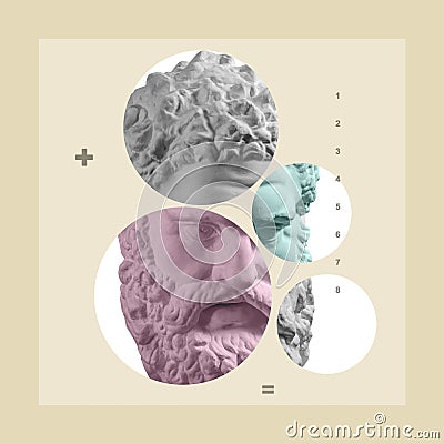 Art collage with antique sculpture of Heracles face and numbers, geometric shapes. Beauty, fashion and health theme Stock Photo