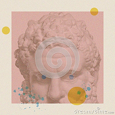 Art collage with antique sculpture of Heracles face and numbers, geometric shapes. Science, research, discovery Stock Photo