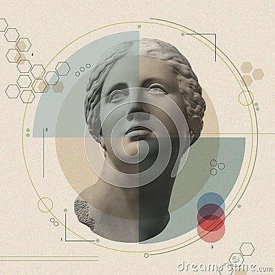 Art collage with antique sculpture of Venus face and numbers, geometric shapes. Beauty, fashion and health theme Stock Photo