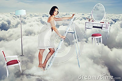 Art collage. beauty young woman on sky Stock Photo