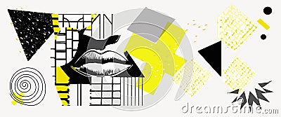 Art collage with halftone mouths and yellow and black elements. Magazine style, grunge textures. Composition with female Vector Illustration