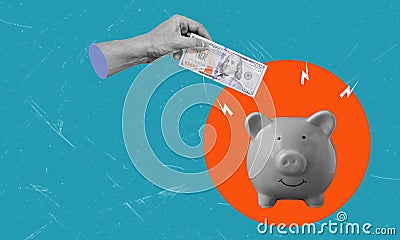 Art collage, the hand with dollars puts money in a pig's piggy bank Stock Photo