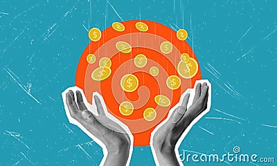 Art collage, hands and falling coins in orange circle Stock Photo