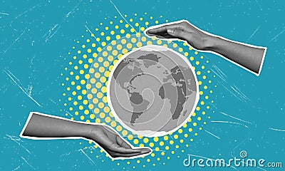 Art collage, hands and globe on blue background Stock Photo