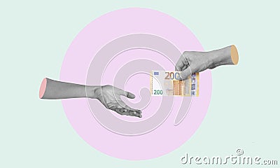 Art collage, hands with money, hands reaching for money Stock Photo