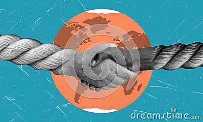 Art Collage: Hands of People from Different Nations and Beliefs Shaking Hands Against the Background of the Earth Stock Photo