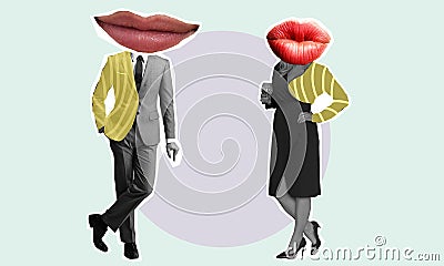 Art collage with a man and a woman in a business suit and a beautiful dress with big lips on a light coloured background Stock Photo