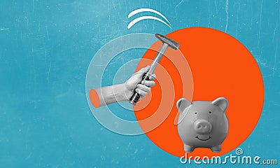 Art collage, the piggy bank gets hammered. The concept of sawing up budgets Stock Photo