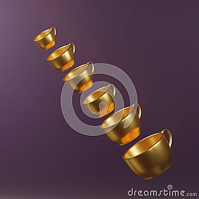 Art collection 3d render gold coffee cup modern art for decorate anti gravity style Stock Photo