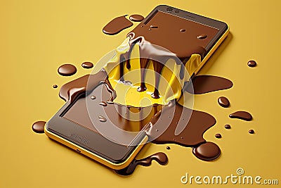 Art concept depicts a smartphone that has melted like a chocolate bar, set against a bright yellow background Stock Photo