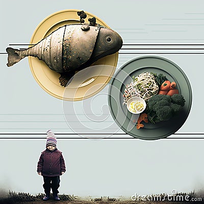 Art conceptual and abstract about a children without face looking a strange fish and vegetables Stock Photo