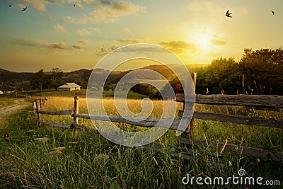 Art countryside landscape; rural farm and farmland field Stock Photo
