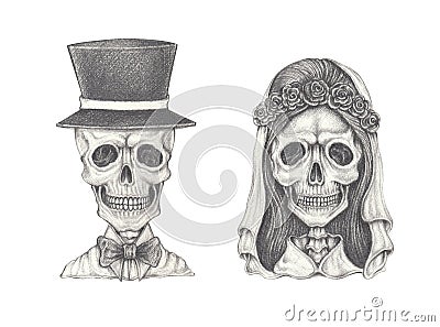 Art couple wedding skulls. Stock Photo