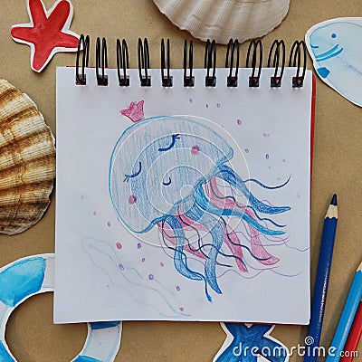 Art craft, how to draw sea jellyfish, sketch workshop, how to drawing by pencils. Flat lay top view. Paint picture, art Stock Photo