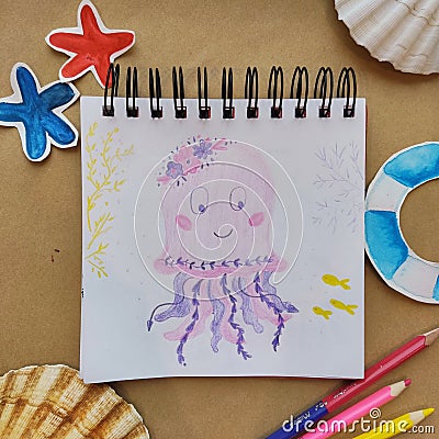 Art craft, how to draw sea jellyfish, sketch workshop, how to drawing by hand. Flat lay top view. Kids picture, art Stock Photo