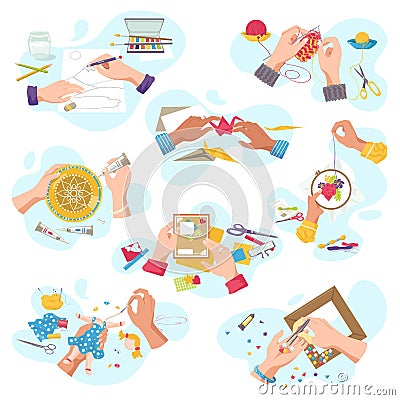 Art craft workshop for creative hobby, top view hands creating artistic handycrafts, isolated on white vector Vector Illustration