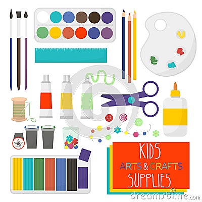 Art crafts items for kids creativity. Set of art supplies for kids. Vector illustration. Vector Illustration