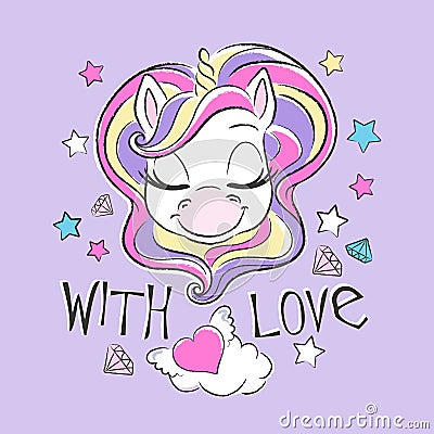Art. Cute unicorn. Fashion illustration drawing in modern style for clothes or fabrics and books. Digital drawing. With love. Text Vector Illustration