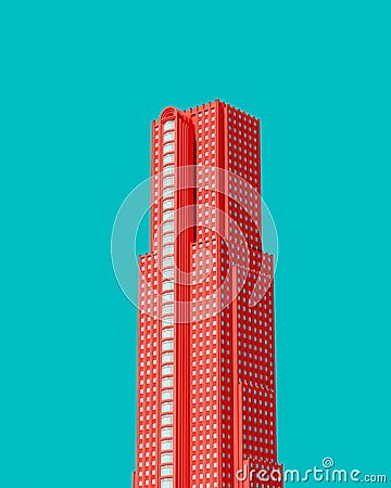 Art Deco Architecture 1920s Skyscraper Tower Building Salmon Pink Turquoise Blue Sky Background Kitsch Style Cartoon Illustration